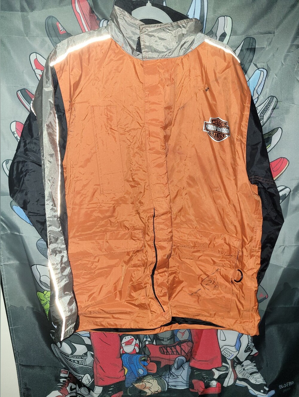 Harley-Davidson Black Nylon Rain Jacket with Gold and Orange Embroidered Logo